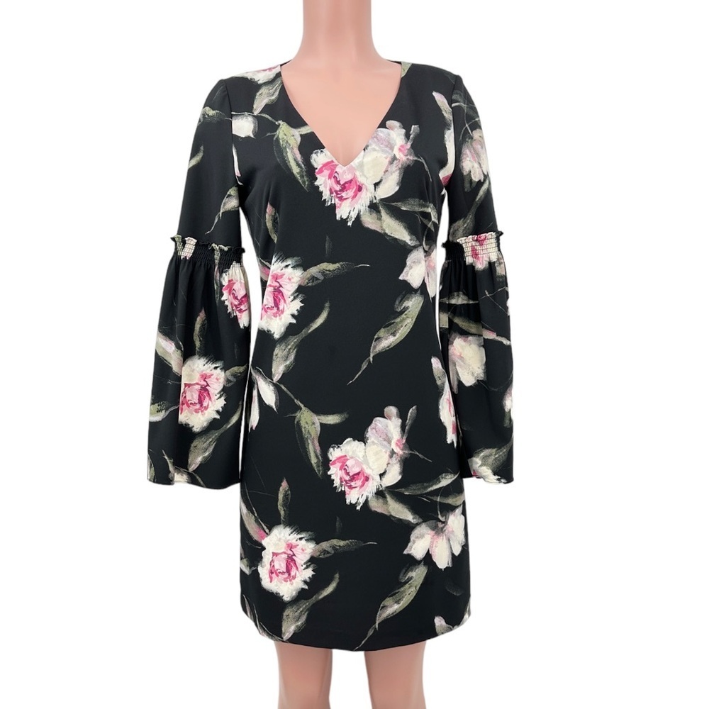 White House Black Market Womens Black Bell Sleeve Floral Shift Dress